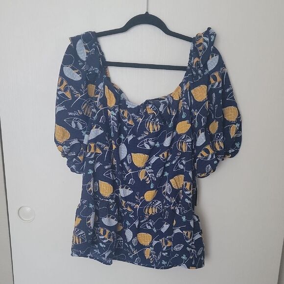 Navy Blue and Yellow Leaf Print Women's Top - Picture 1 of 3